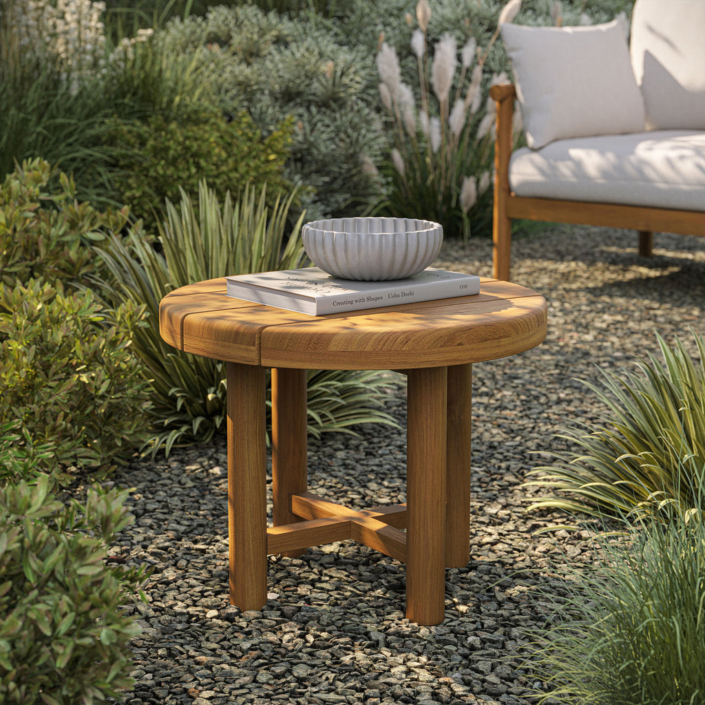 Eleni 20-Inch Round Outdoor Patio Teak Wood Side Table - Natural