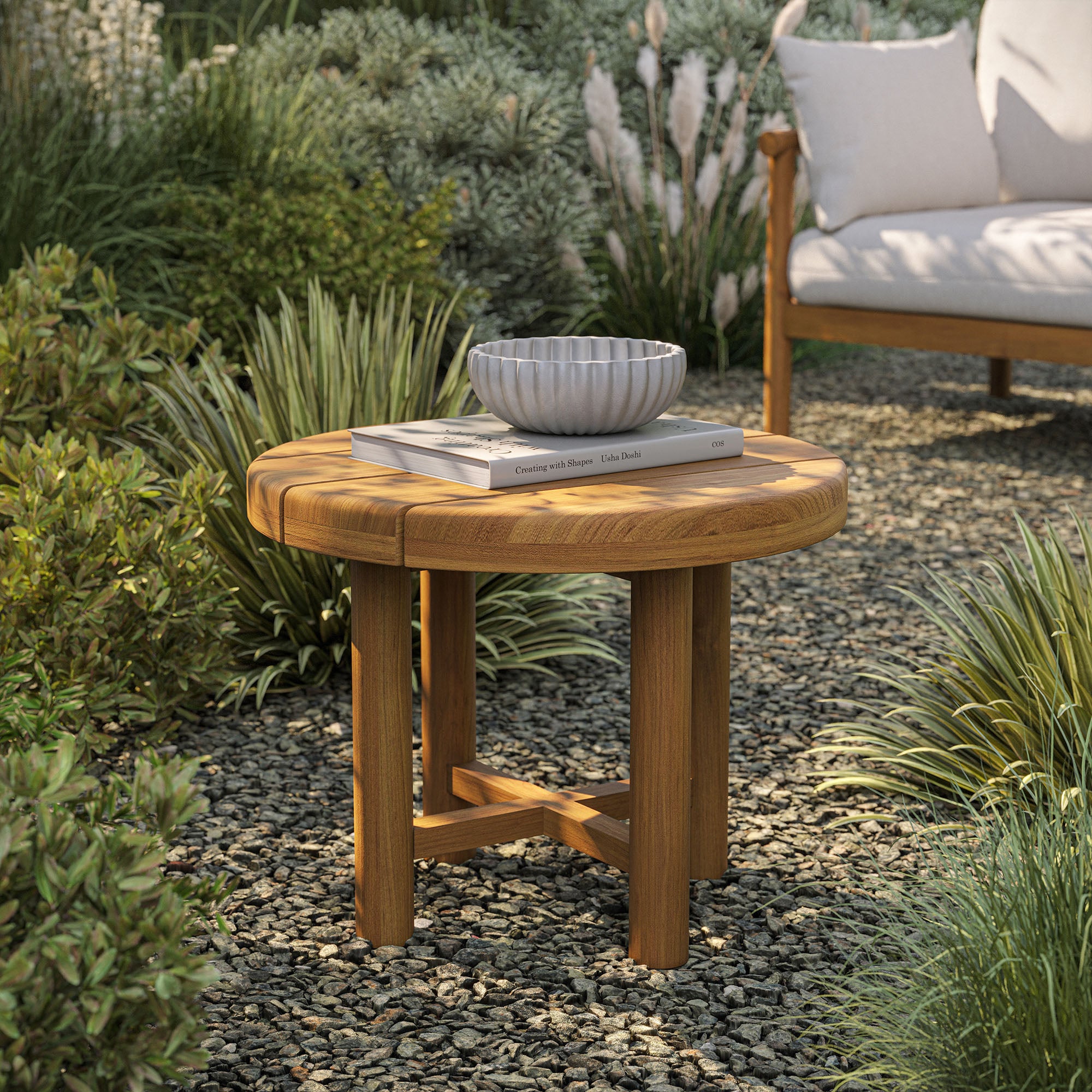 Eleni 20-Inch Round Outdoor Patio Teak Wood Side Table - Natural
