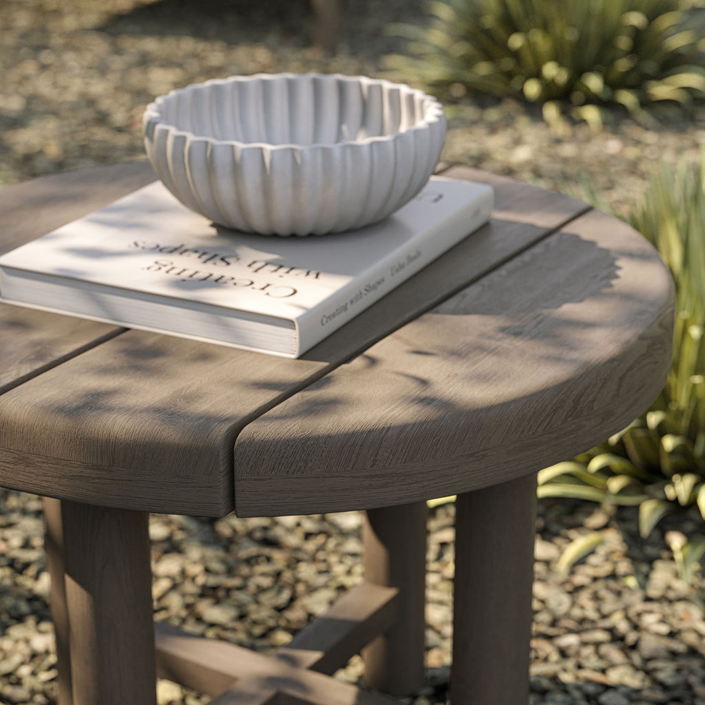 Eleni 20-Inch Round Outdoor Patio Teak Wood Side Table - Weathered Gray Teak