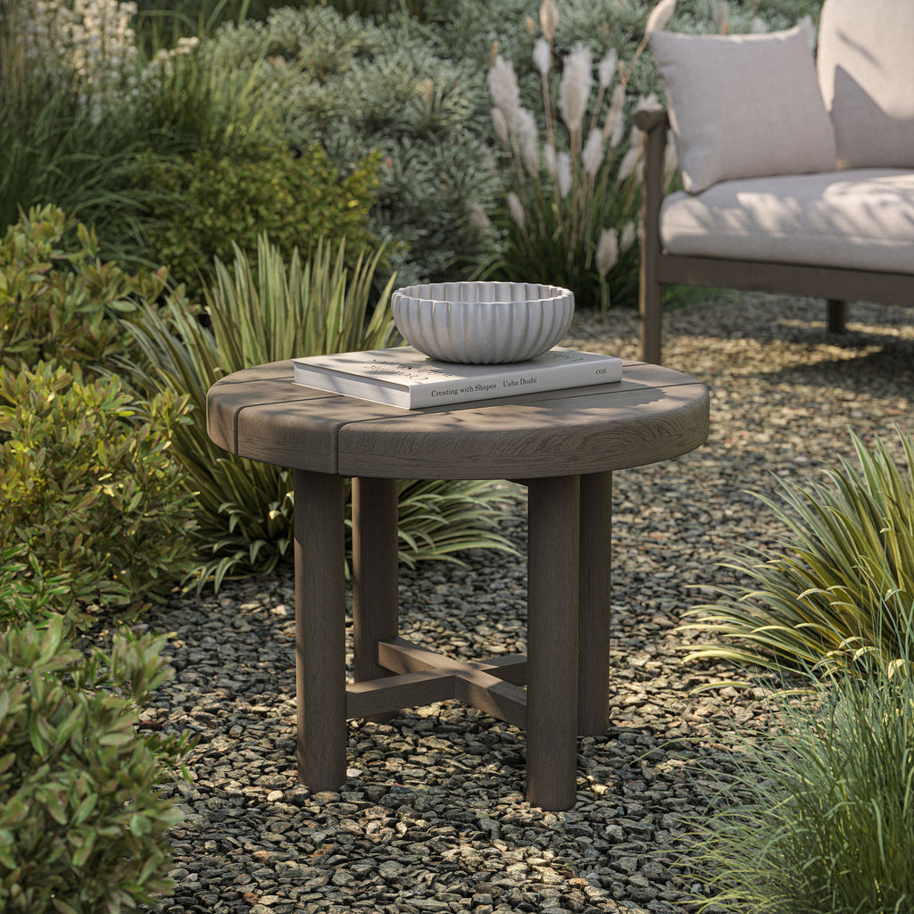 Eleni 20-Inch Round Outdoor Patio Teak Wood Side Table - Weathered Gray Teak