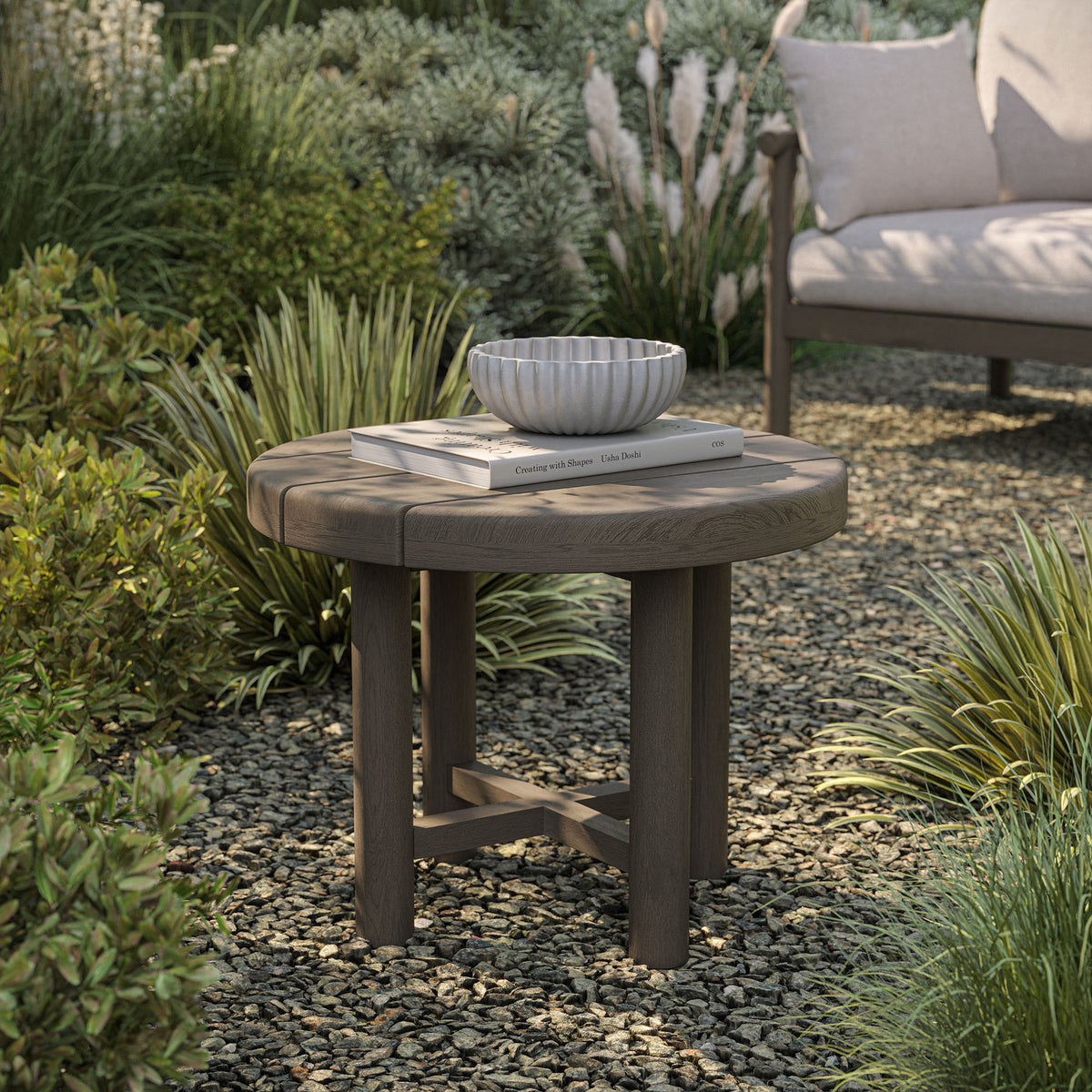 Eleni 20-Inch Round Outdoor Patio Teak Wood Side Table - Weathered Gray Teak