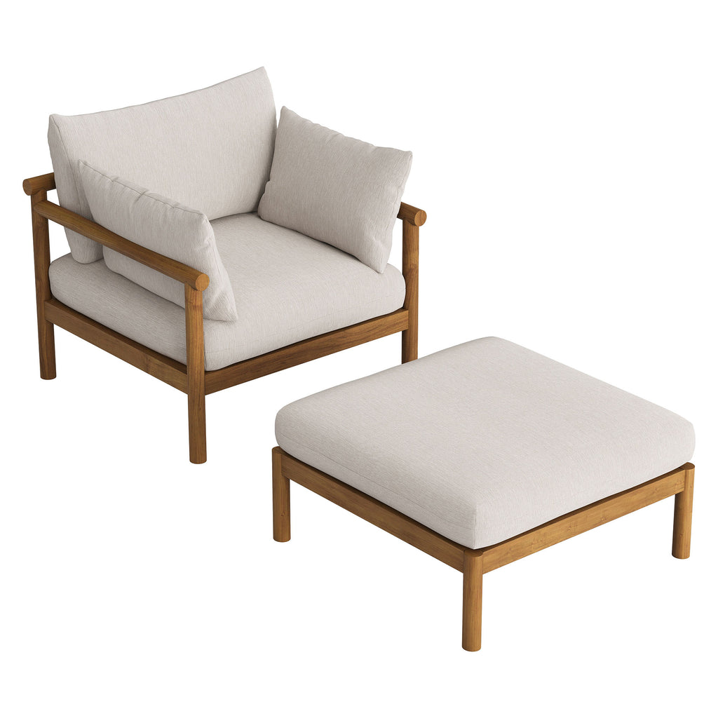 Eleni 2-Piece Outdoor Patio Teak Wood Armchair and Ottoman Set - Natural Sail