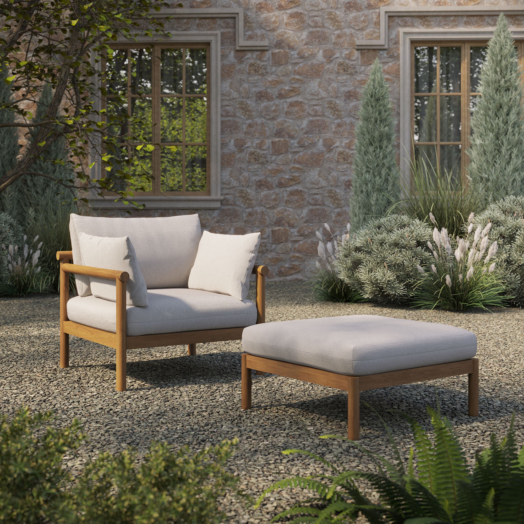 Eleni 2-Piece Outdoor Patio Teak Wood Armchair and Ottoman Set - Natural Sail