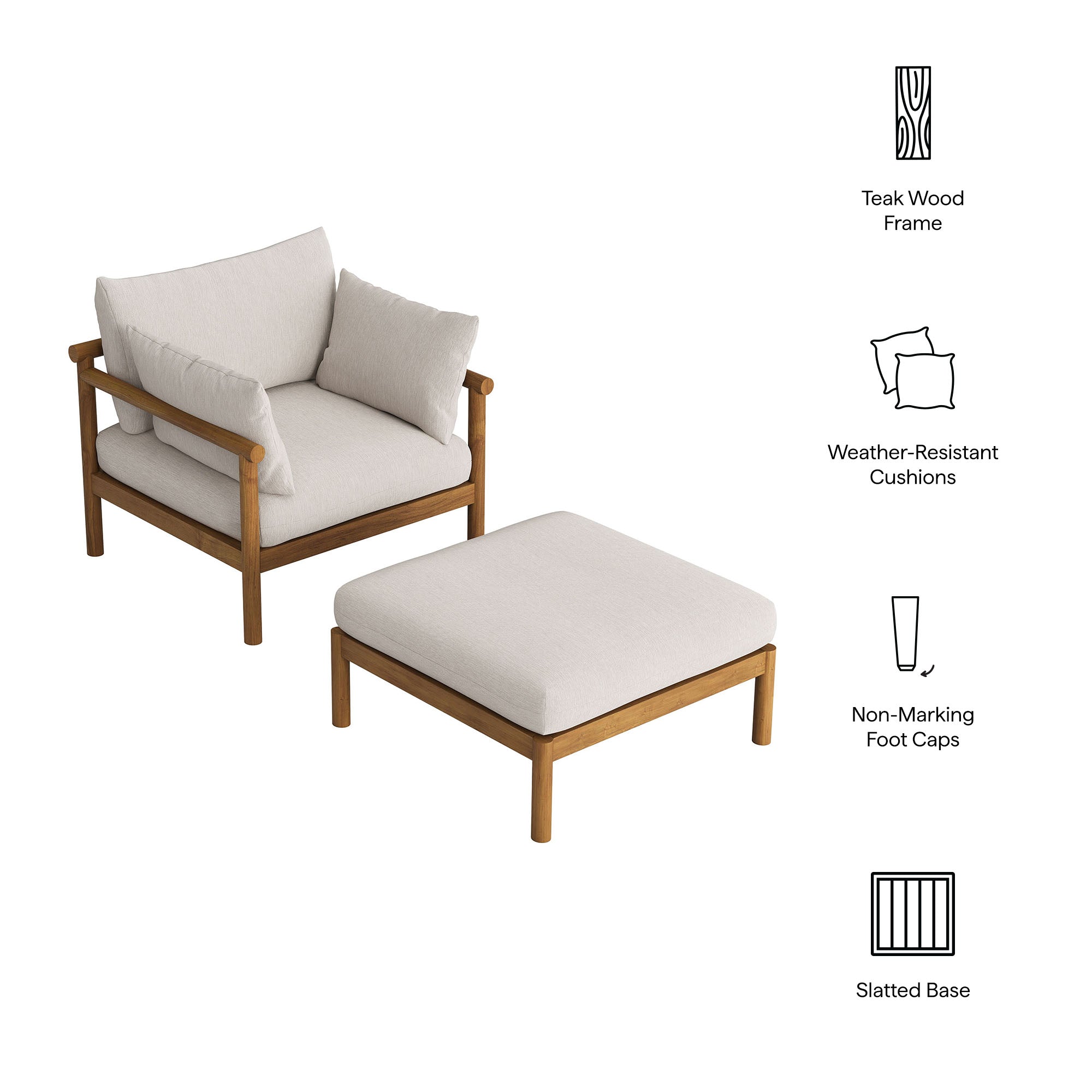Eleni 2-Piece Outdoor Patio Teak Wood Armchair and Ottoman Set - Natural Sail