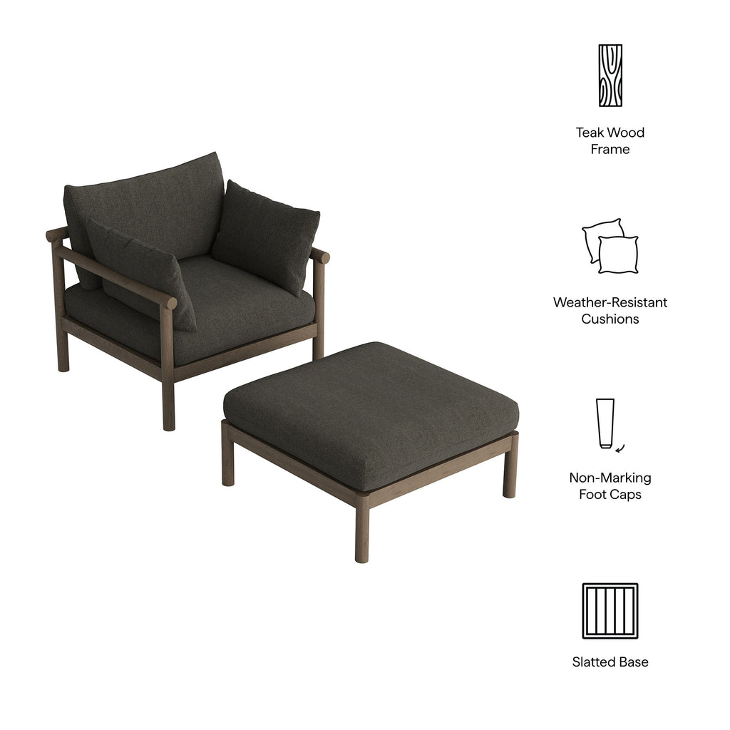 Eleni 2-Piece Outdoor Patio Teak Wood Armchair and Ottoman Set - Weathered Gray Flint