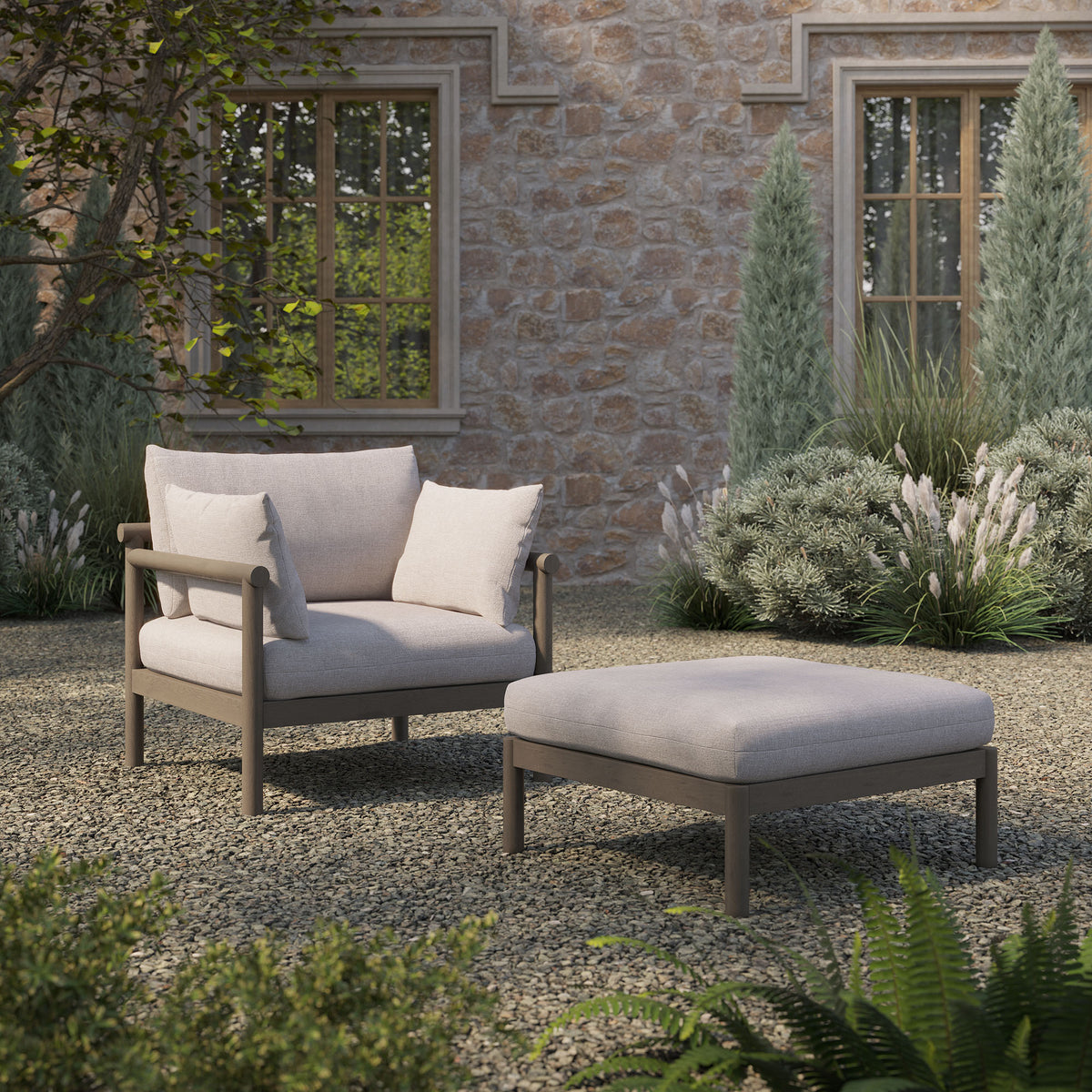 Eleni 2-Piece Outdoor Patio Teak Wood Armchair and Ottoman Set - Weathered Gray Pebble