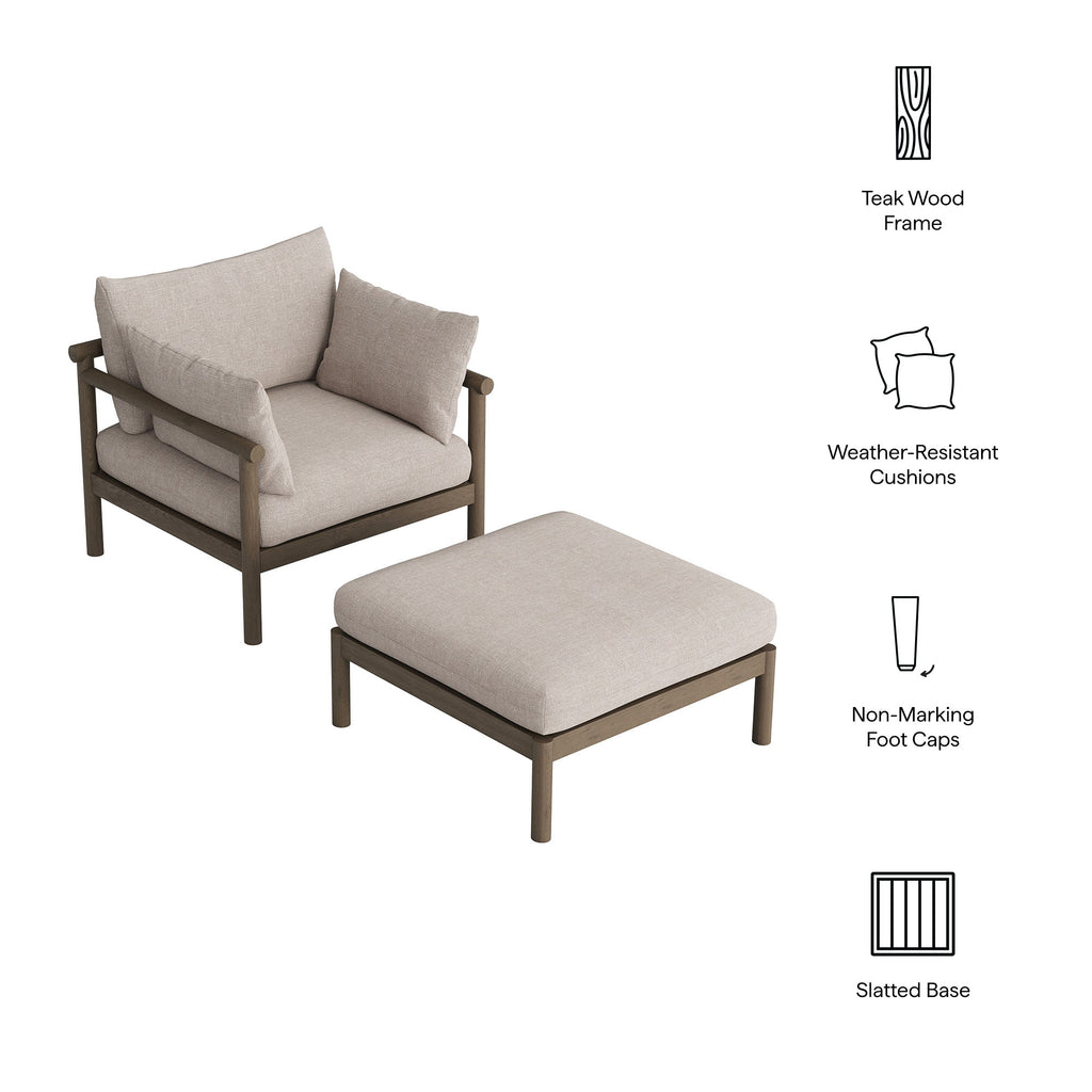 Eleni 2-Piece Outdoor Patio Teak Wood Armchair and Ottoman Set - Weathered Gray Pebble