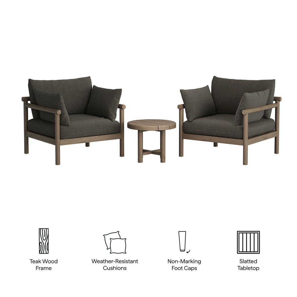 Eleni 3-Piece Outdoor Patio Teak Wood Furniture Set - Weathered Gray Flint