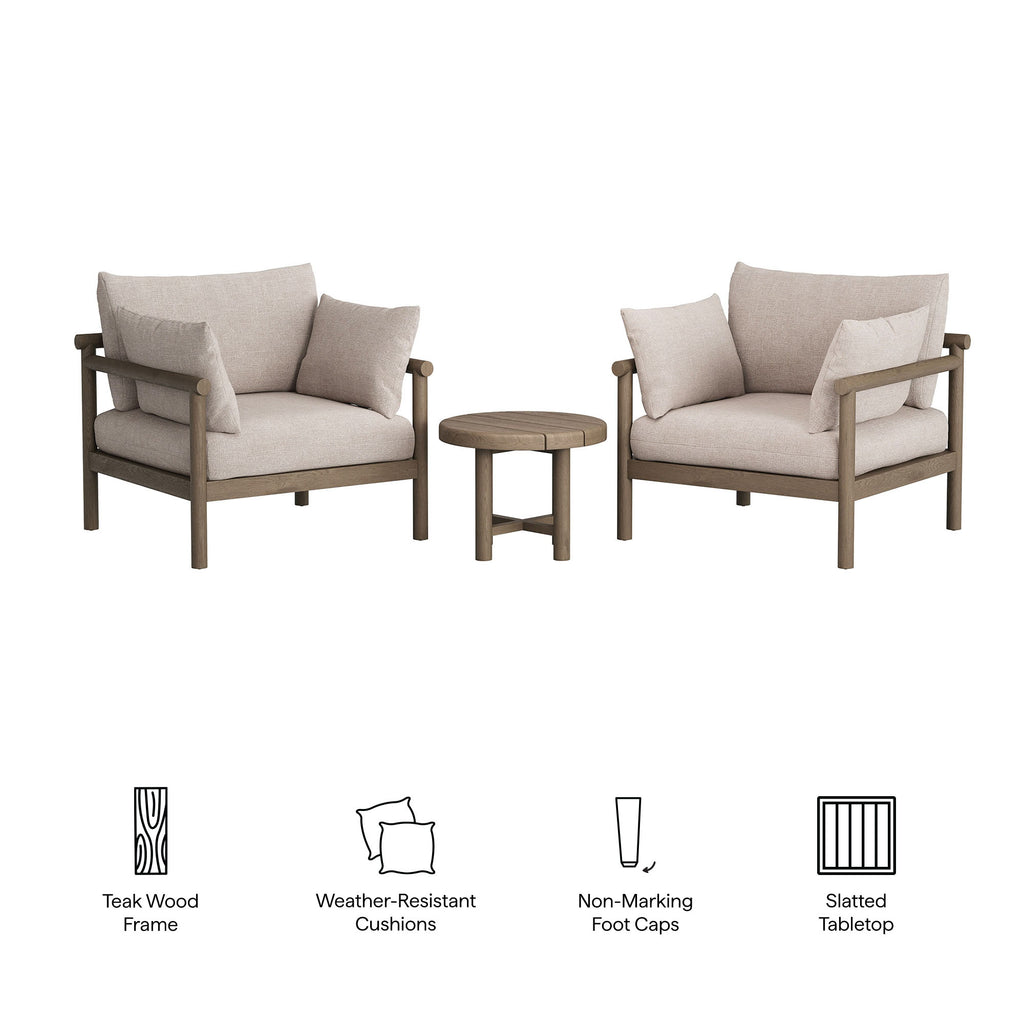 Eleni 3-Piece Outdoor Patio Teak Wood Furniture Set - Weathered Gray Pebble
