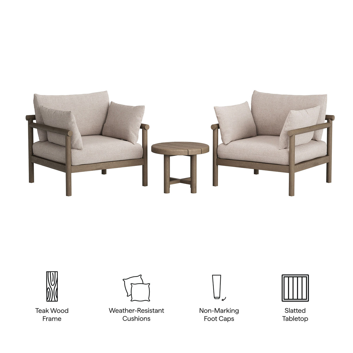 Eleni 3-Piece Outdoor Patio Teak Wood Furniture Set - Weathered Gray Pebble