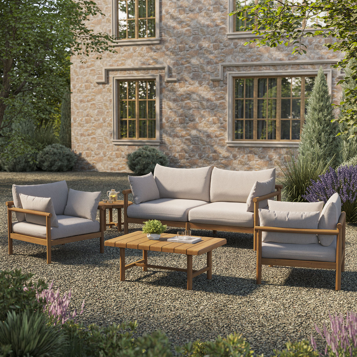 Eleni 5-Piece Outdoor Patio Teak Wood Furniture Set - Natural Sail