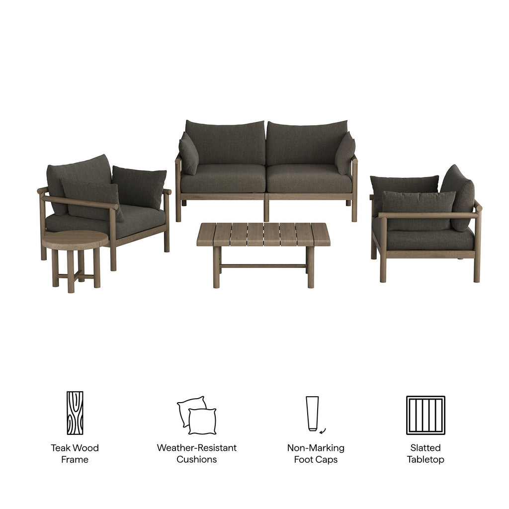 Eleni 5-Piece Outdoor Patio Teak Wood Furniture Set - Weathered Gray Flint