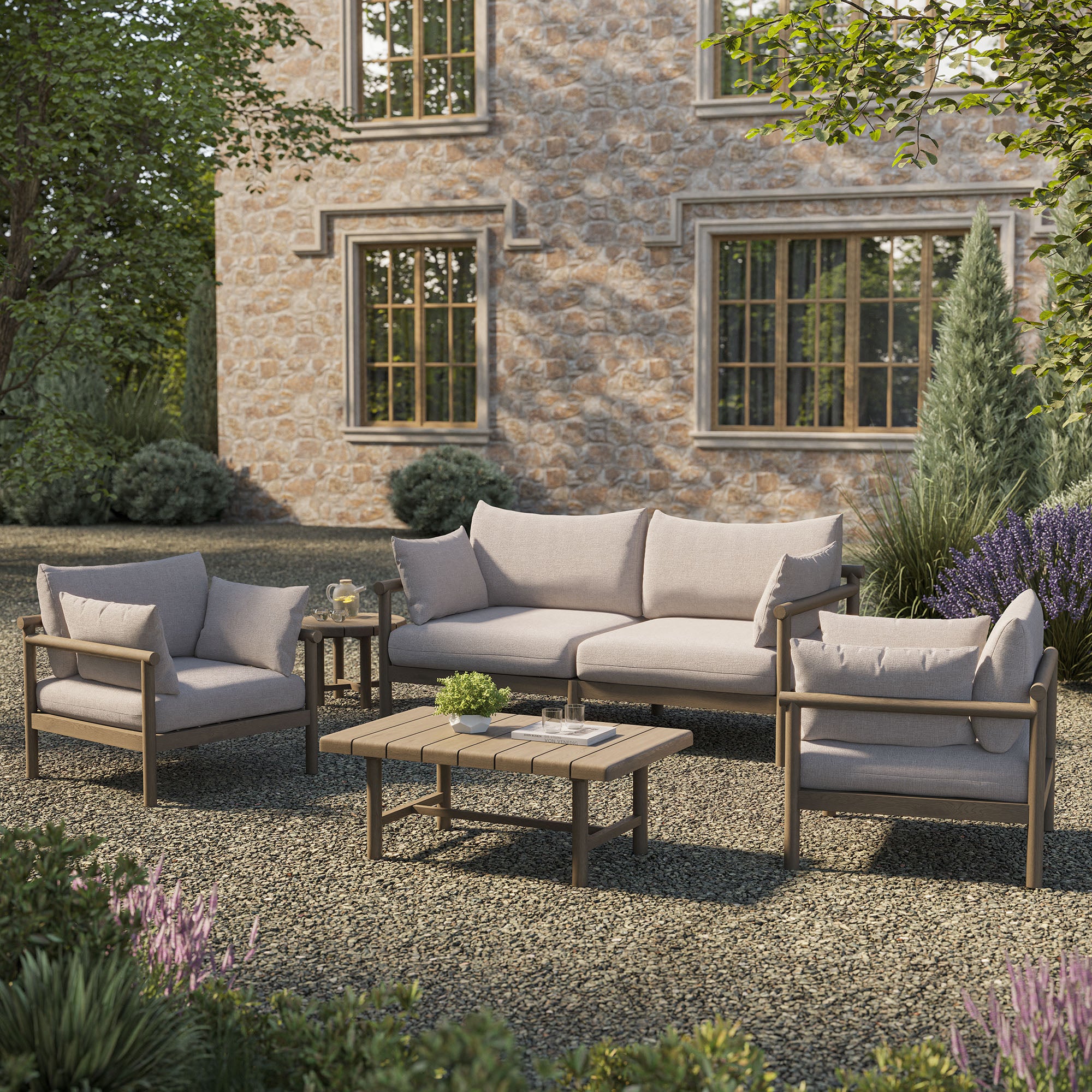 Eleni 5-Piece Outdoor Patio Teak Wood Furniture Set - Weathered Gray Pebble