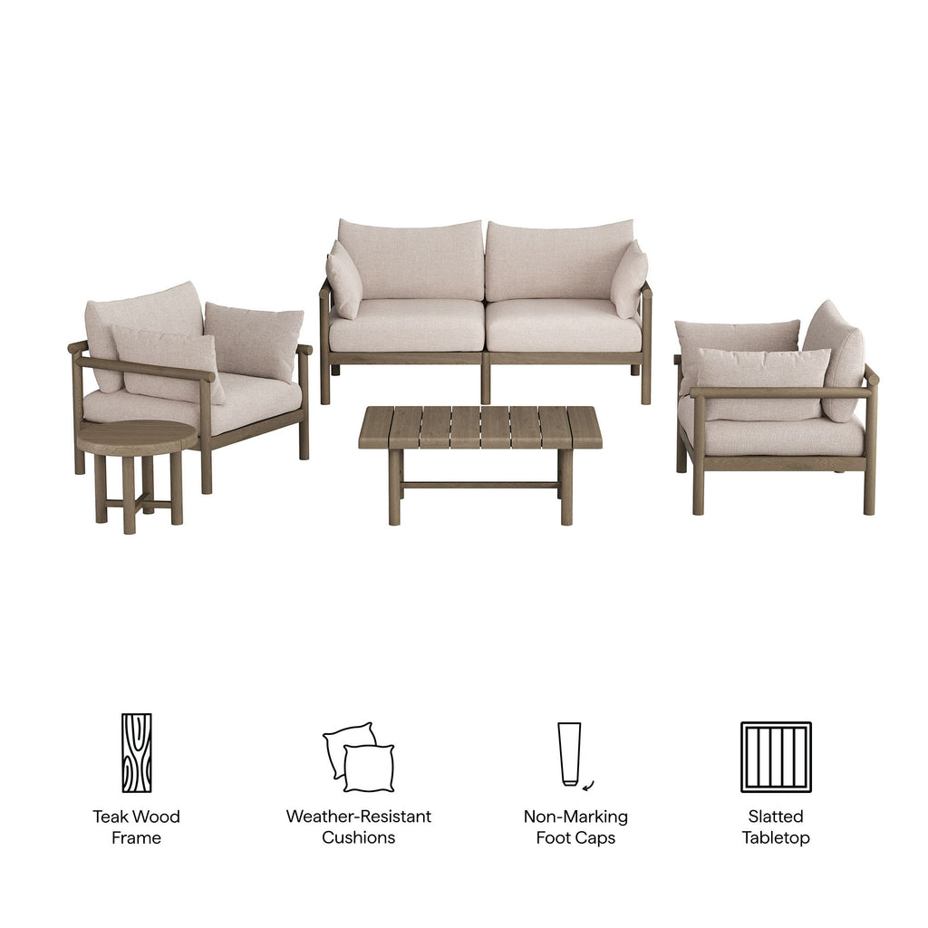 Eleni 5-Piece Outdoor Patio Teak Wood Furniture Set - Weathered Gray Pebble