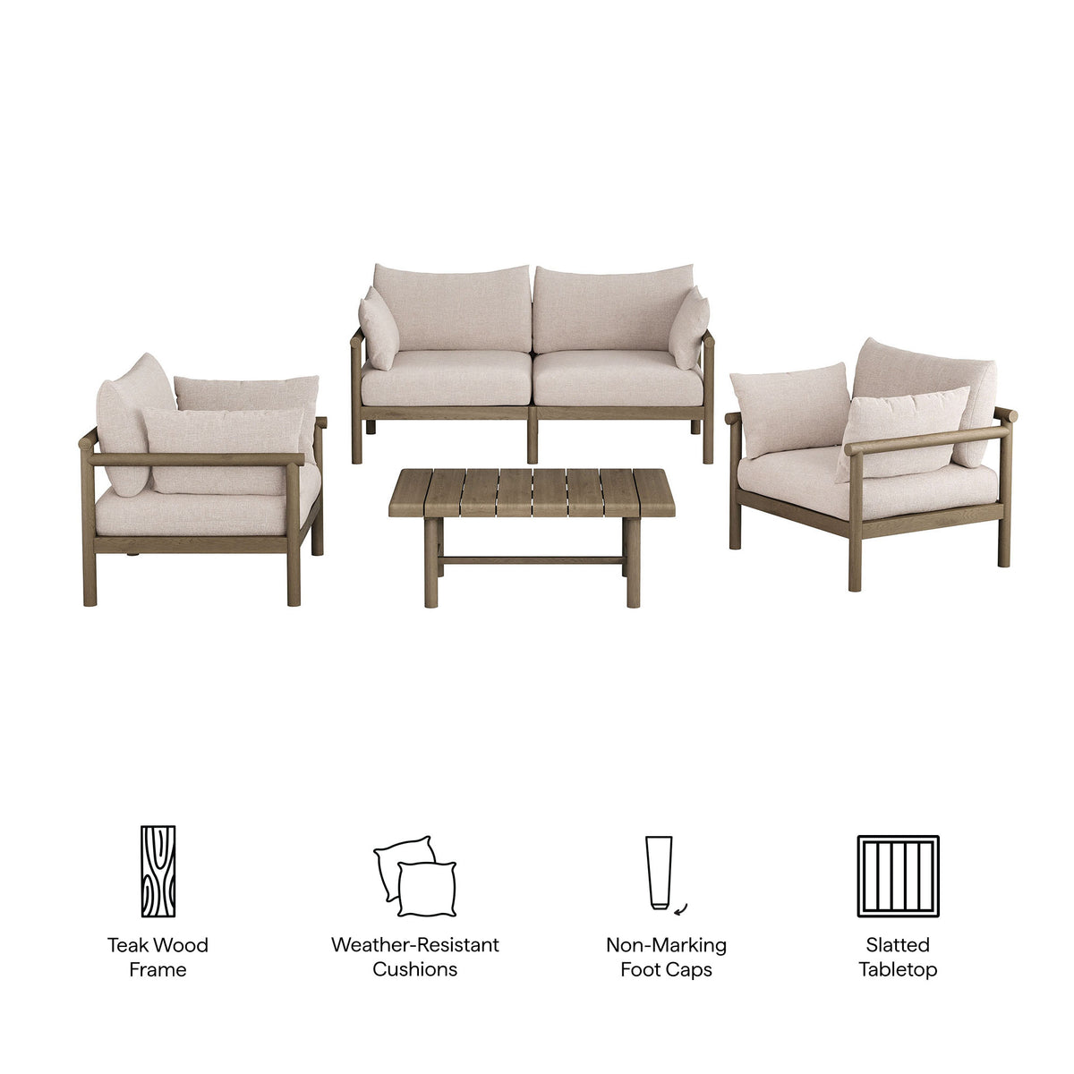 Eleni 4-Piece Outdoor Patio Teak Wood Sofa Set - Weathered Gray Pebble