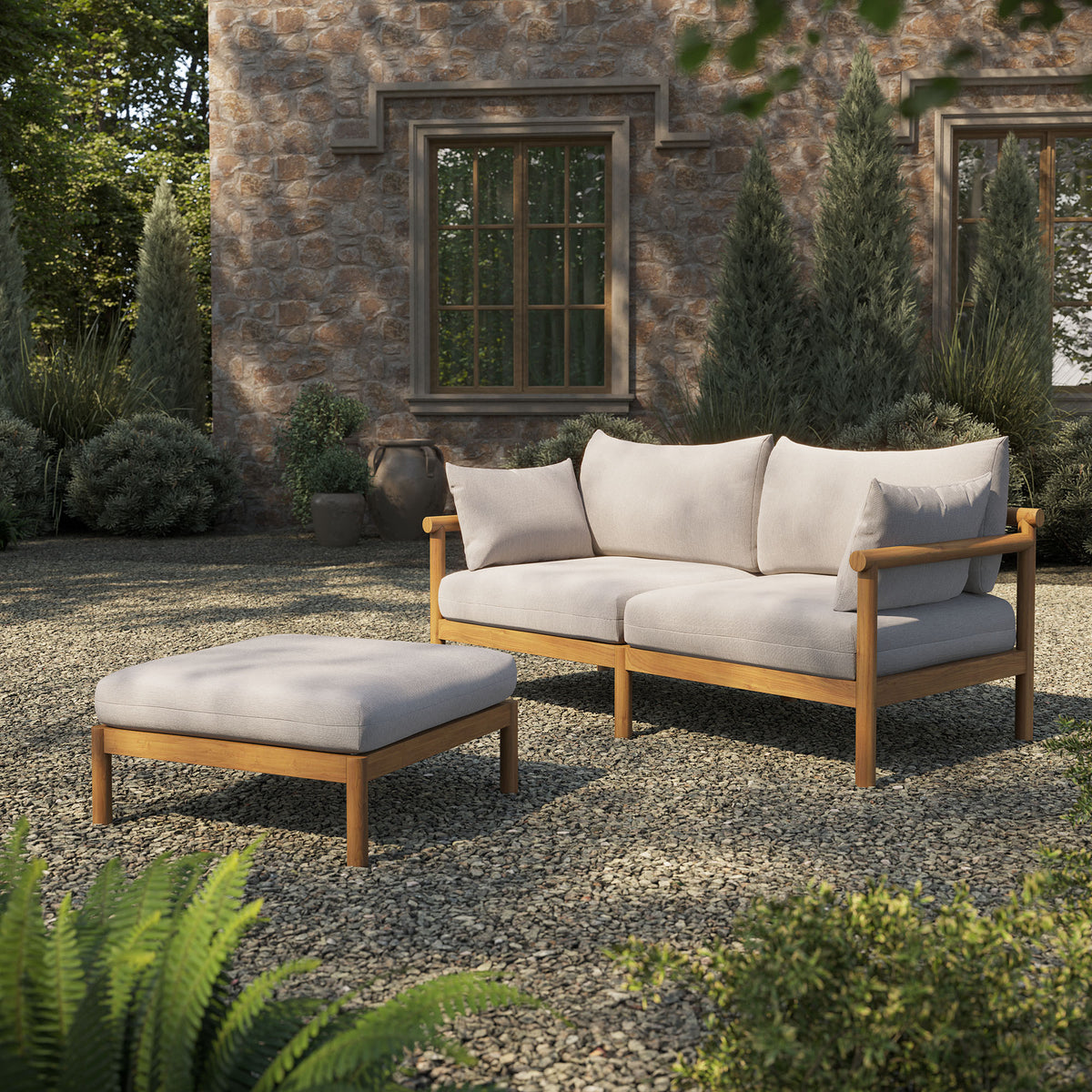 Eleni 2-Piece Outdoor Patio Teak Wood Loveseat with Ottoman Set - Natural Sail