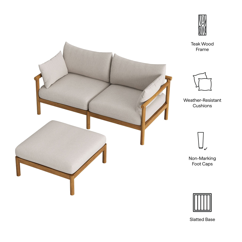 Eleni 2-Piece Outdoor Patio Teak Wood Loveseat with Ottoman Set - Natural Sail