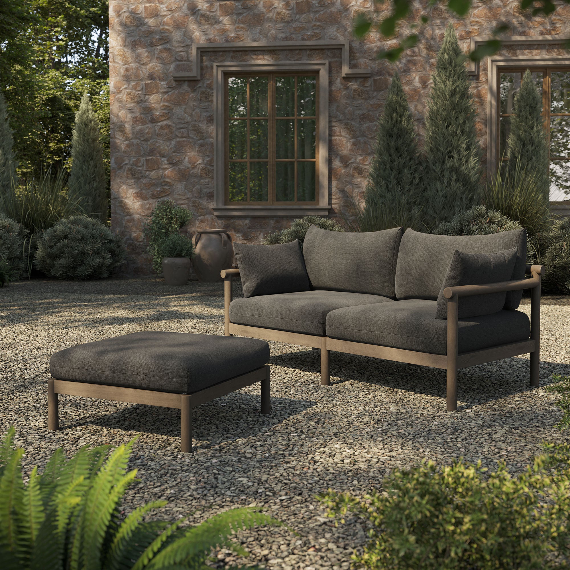 Eleni 2-Piece Outdoor Patio Teak Wood Loveseat with Ottoman Set - Weathered Gray Flint