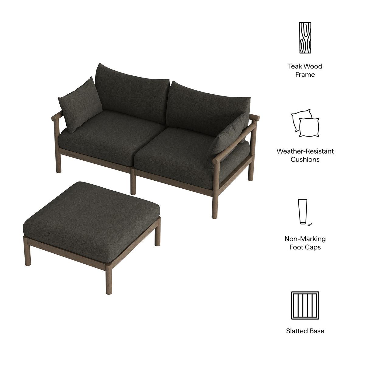 Eleni 2-Piece Outdoor Patio Teak Wood Loveseat with Ottoman Set - Weathered Gray Flint