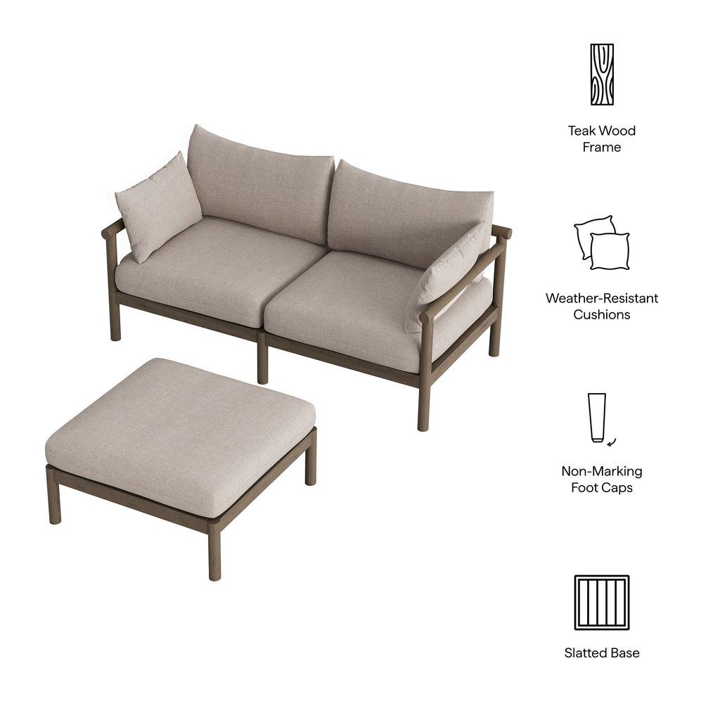 Eleni 2-Piece Outdoor Patio Teak Wood Loveseat with Ottoman Set - Weathered Gray Pebble