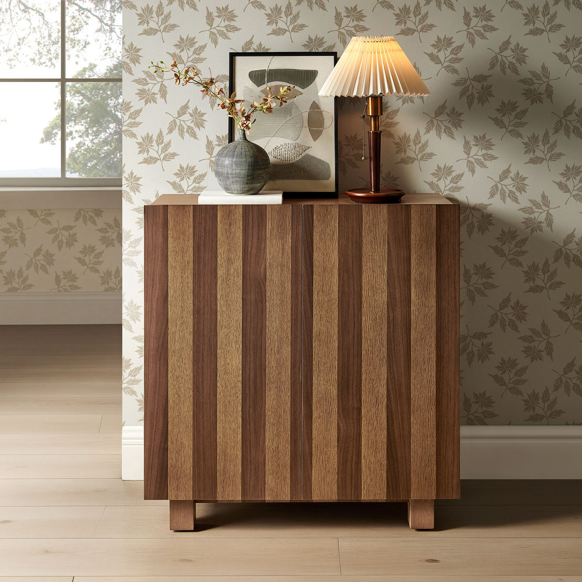 Kline 2-Door Striped Accent Cabinet - Oak Walnut Stripe