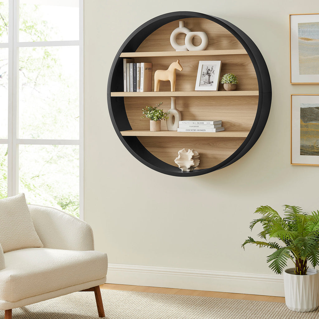 Romy 47" Round Wall Book Shelf - Black Natural