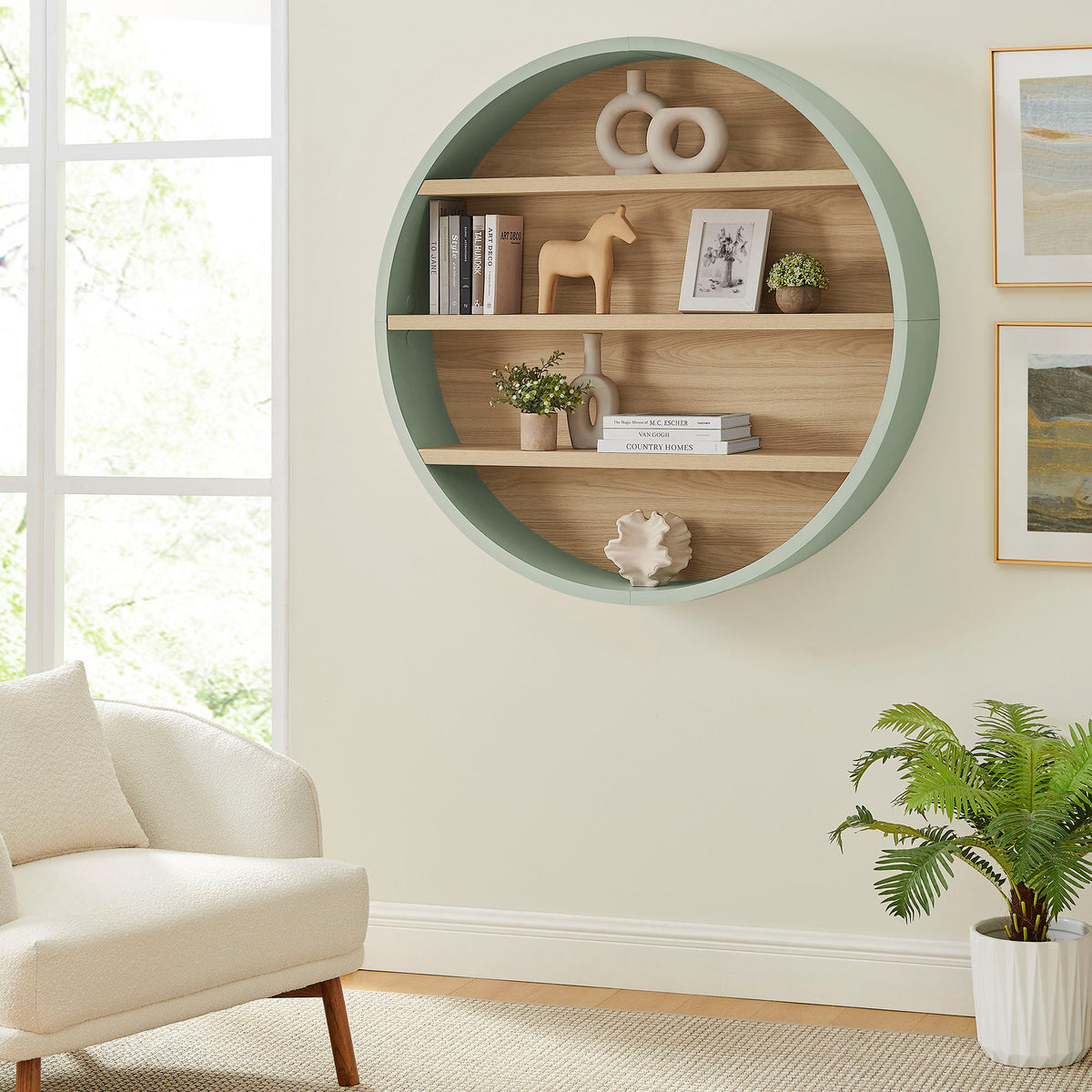 Romy 47" Round Wall Book Shelf - Sage Natural