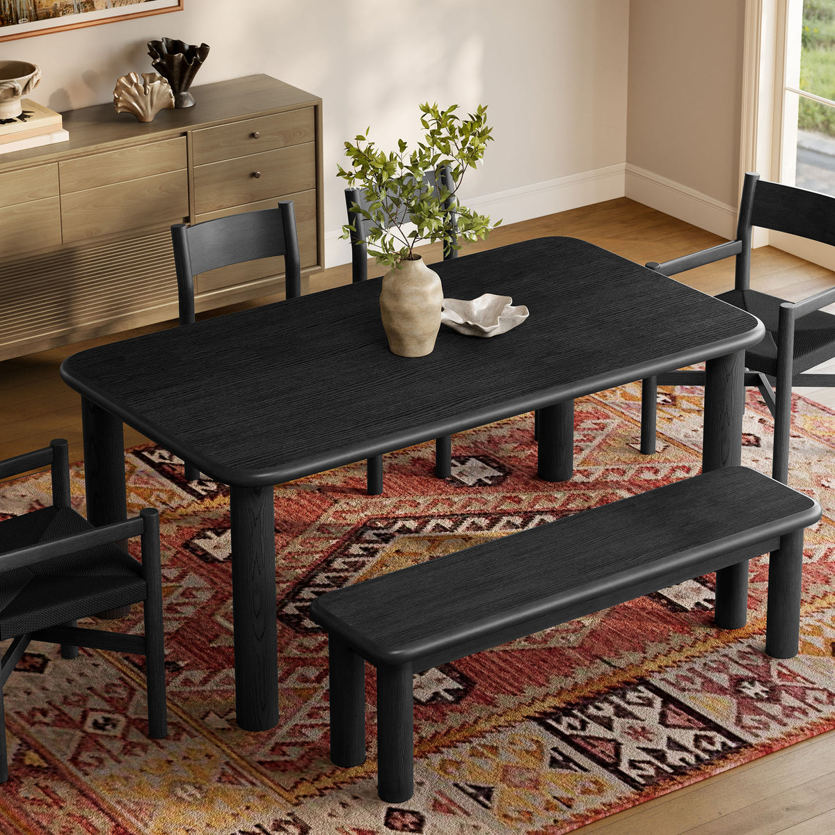 Alvia 6-Piece Oak Wood Dining Table and Seating Set - Black