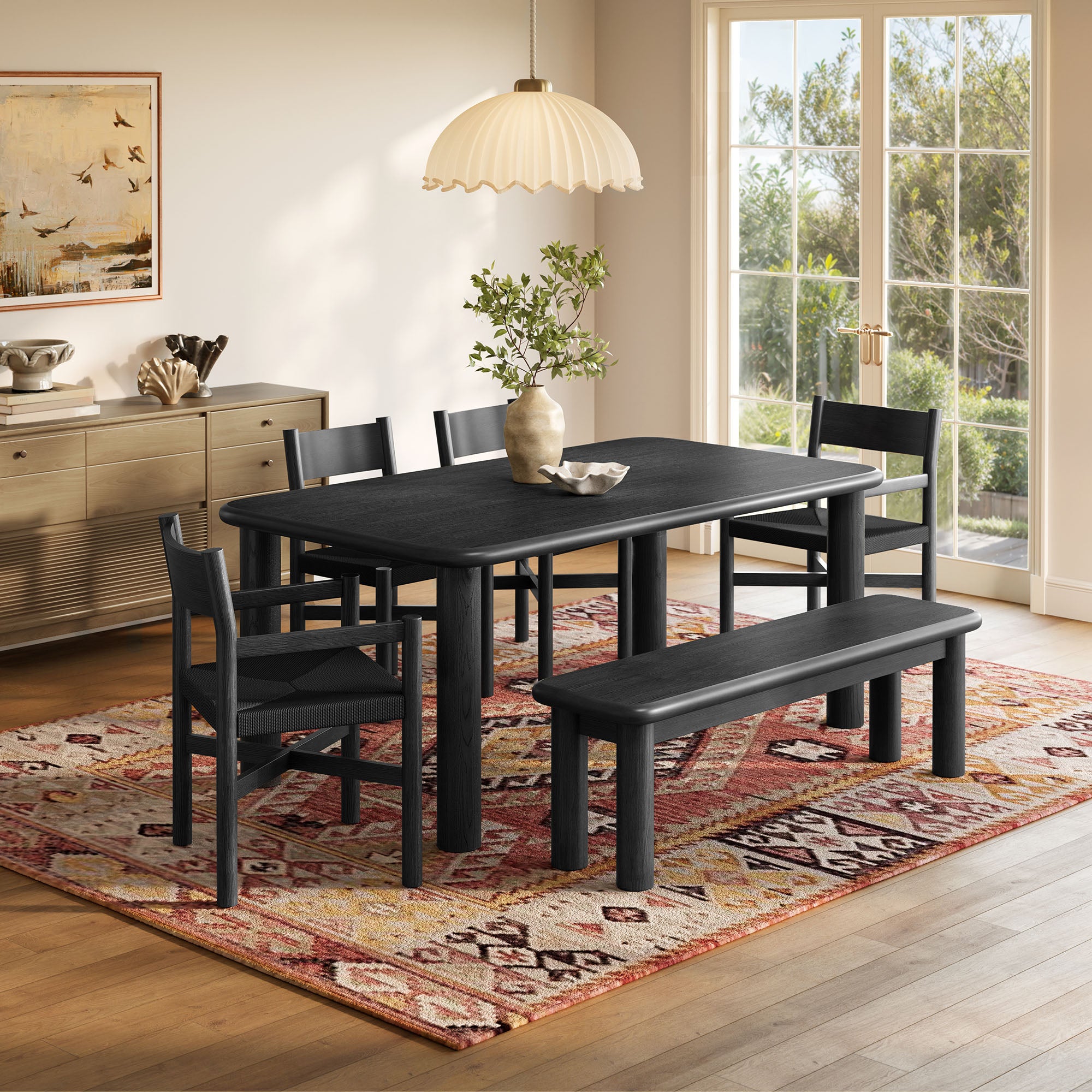 Alvia 6-Piece Oak Wood Dining Table and Seating Set - Black
