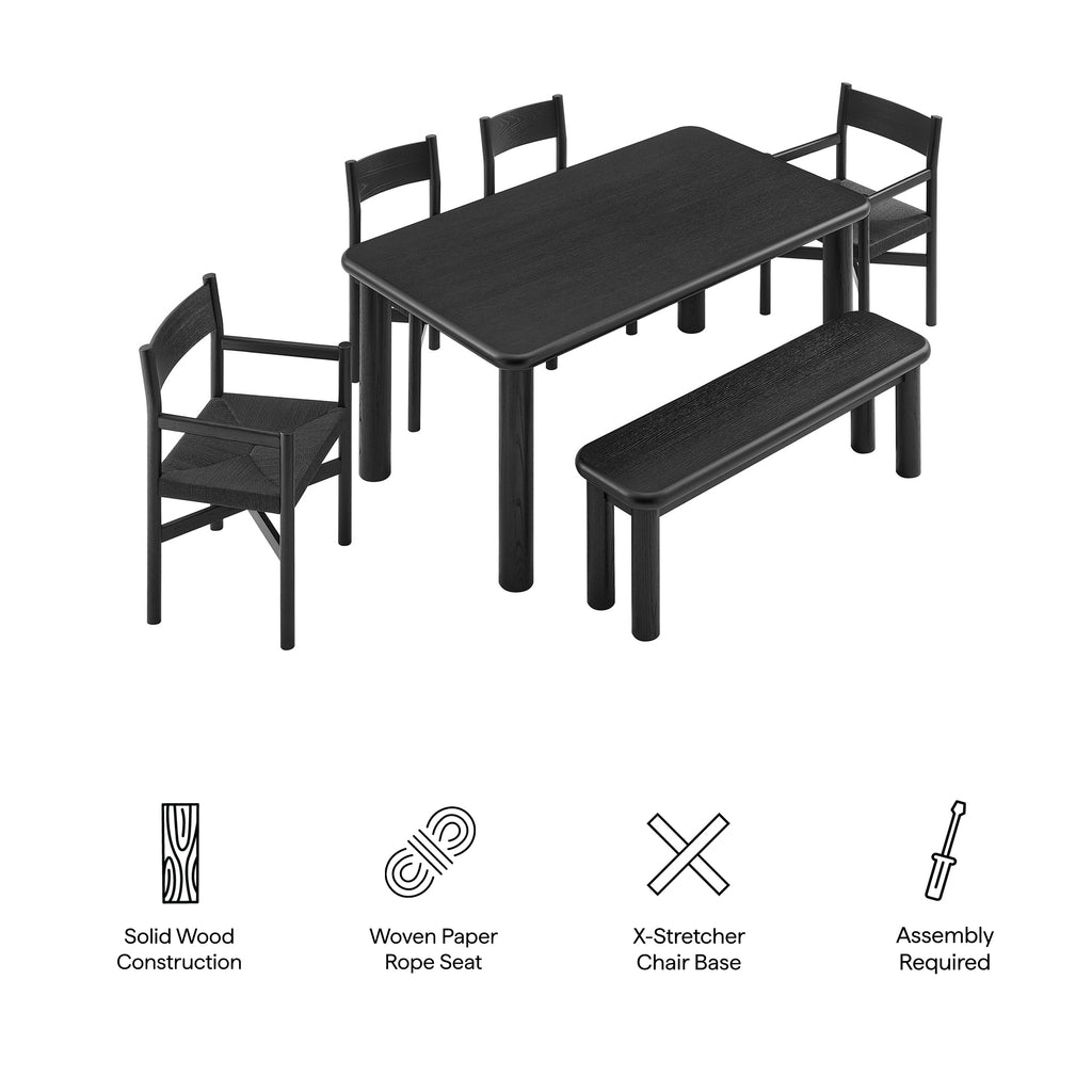 Alvia 6-Piece Oak Wood Dining Table and Seating Set - Black