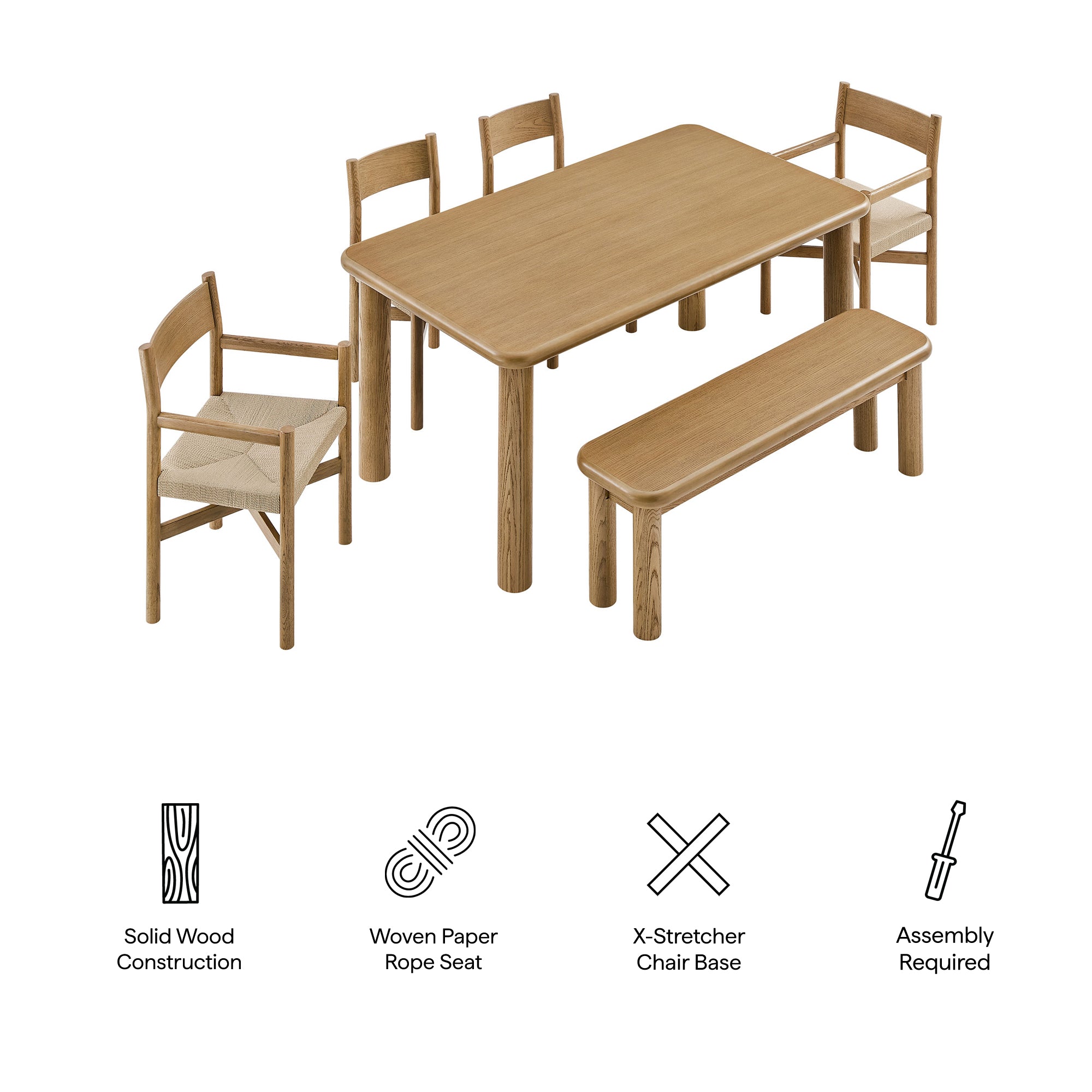 Alvia 6-Piece Oak Wood Dining Table and Seating Set - Weathered Oak