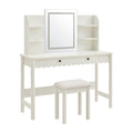 Emmeline Scalloped Makeup Vanity Desk With LED Mirror and Stool - White Ivory