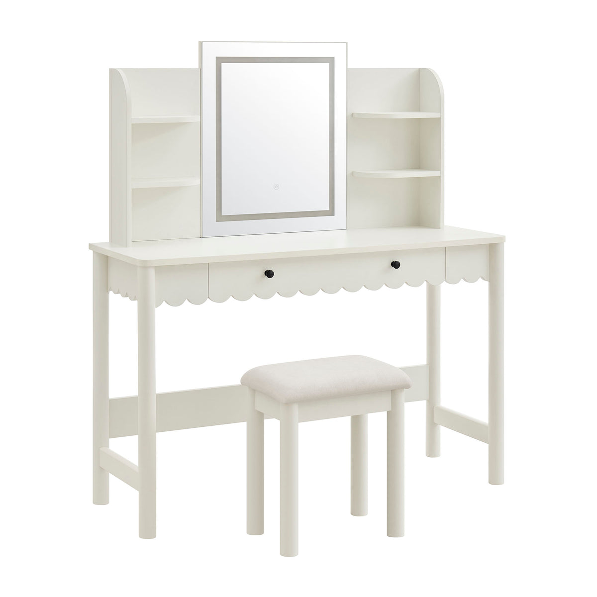 Emmeline Scalloped Makeup Vanity Desk With LED Mirror and Stool - White Ivory