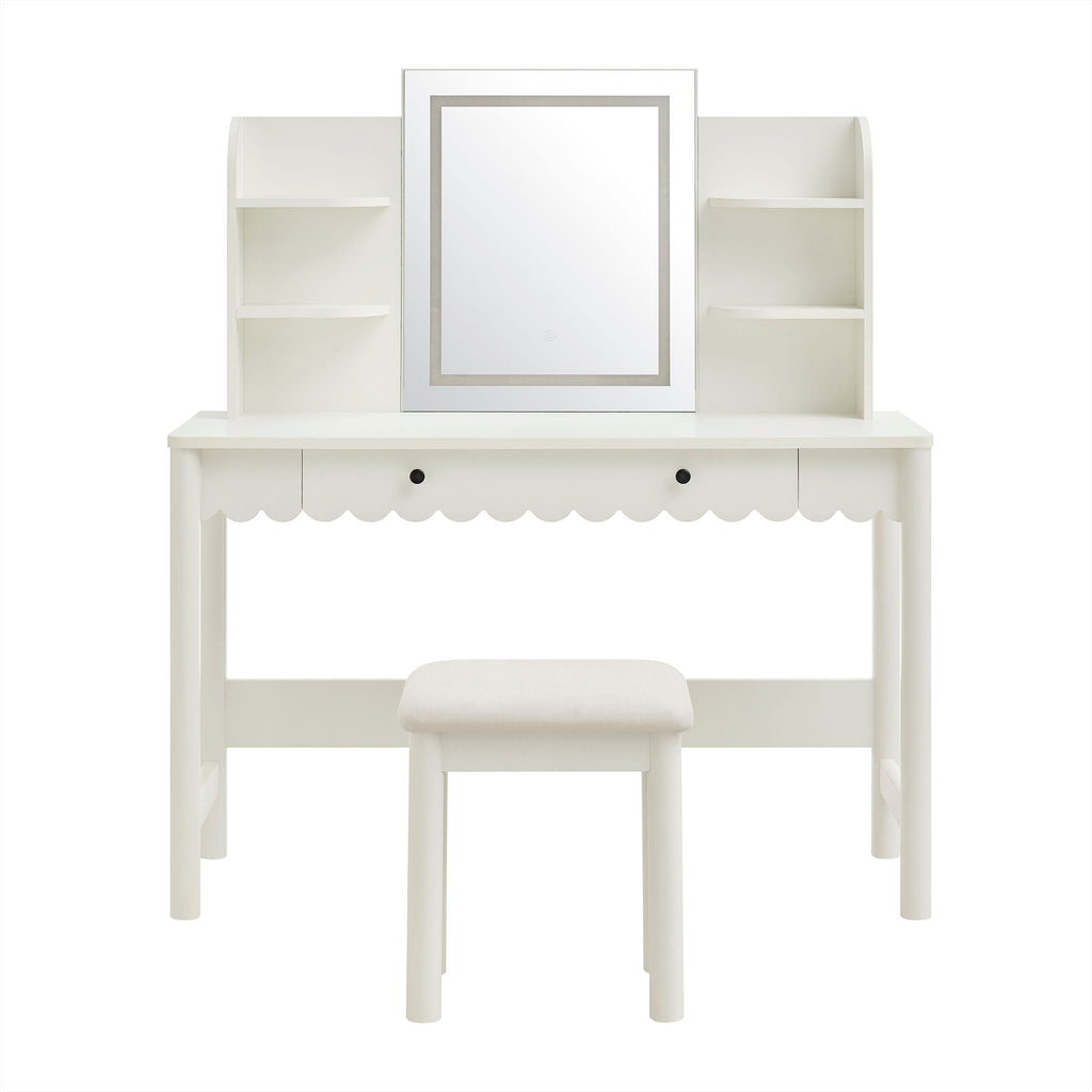 Emmeline Scalloped Makeup Vanity Desk With LED Mirror and Stool - White Ivory