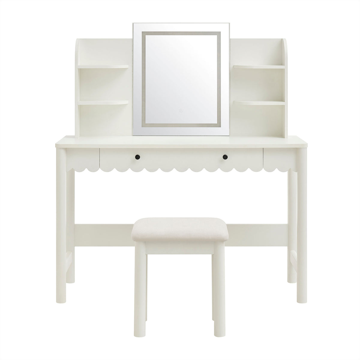 Emmeline Scalloped Makeup Vanity Desk With LED Mirror and Stool - White Ivory
