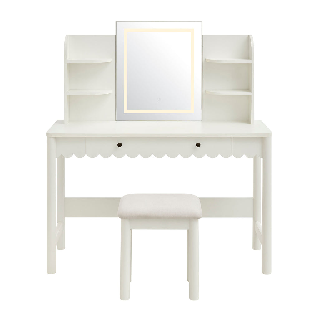 Emmeline Scalloped Makeup Vanity Desk With LED Mirror and Stool - White Ivory