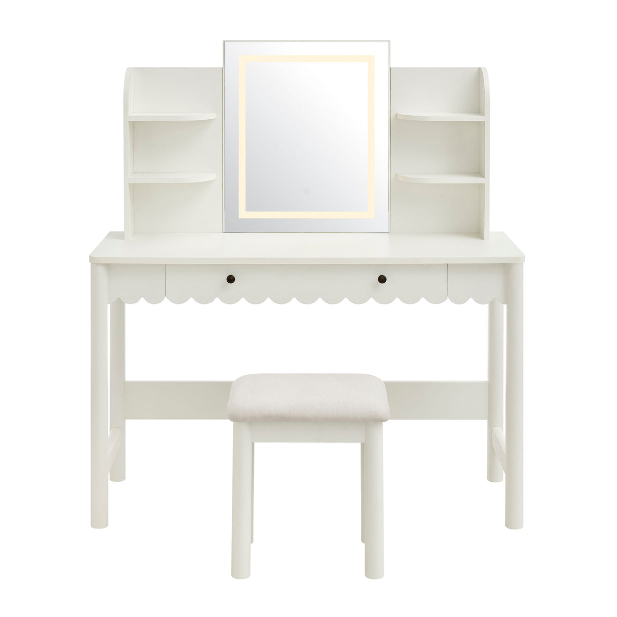 Emmeline Scalloped Makeup Vanity Desk With LED Mirror and Stool - White Ivory