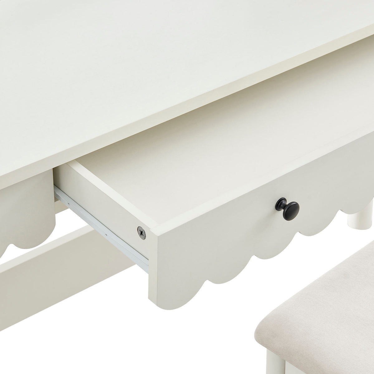 Emmeline Scalloped Makeup Vanity Desk With LED Mirror and Stool - White Ivory