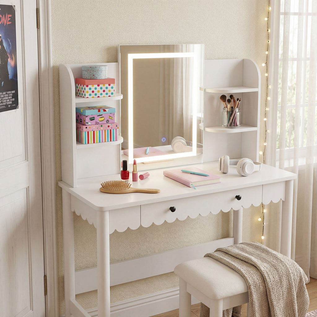 Emmeline Scalloped Makeup Vanity Desk With LED Mirror and Stool - White Ivory