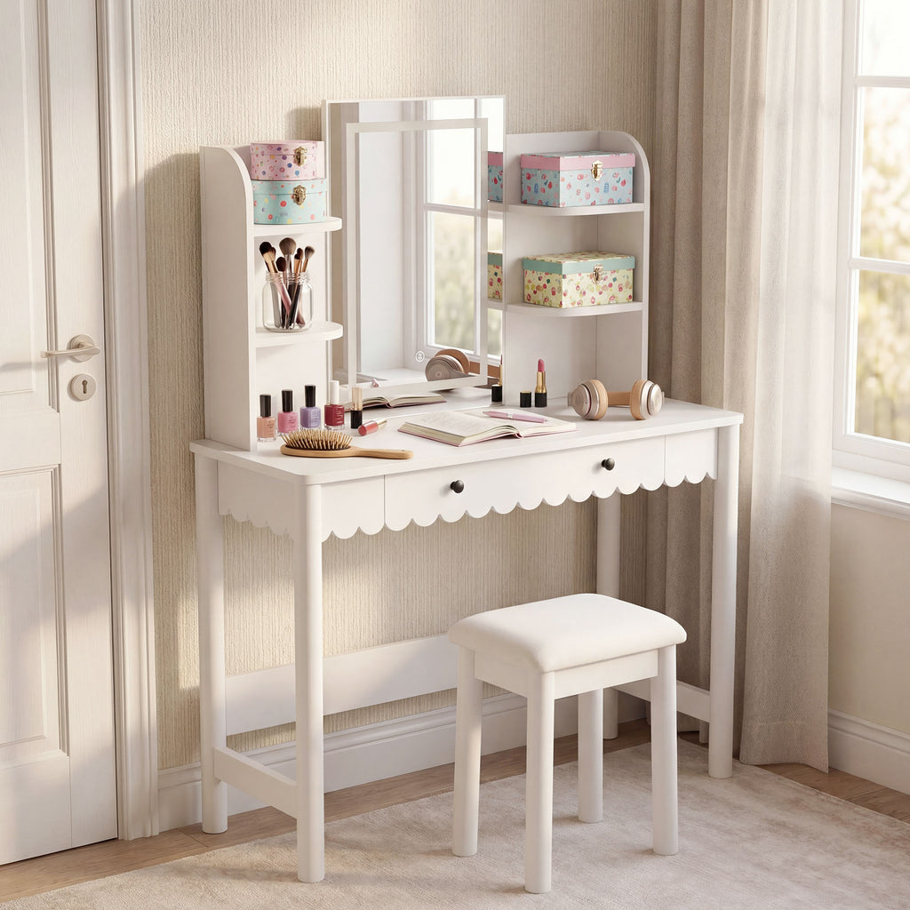 Emmeline Scalloped Makeup Vanity Desk With LED Mirror and Stool - White Ivory