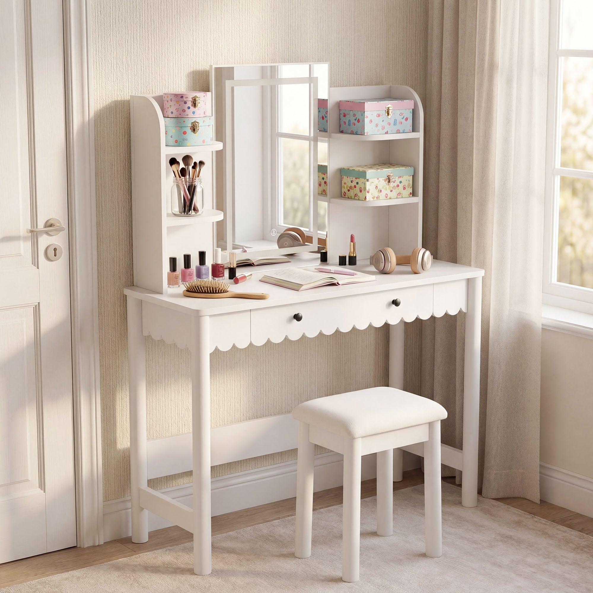 Emmeline Scalloped Makeup Vanity Desk With LED Mirror and Stool - White Ivory