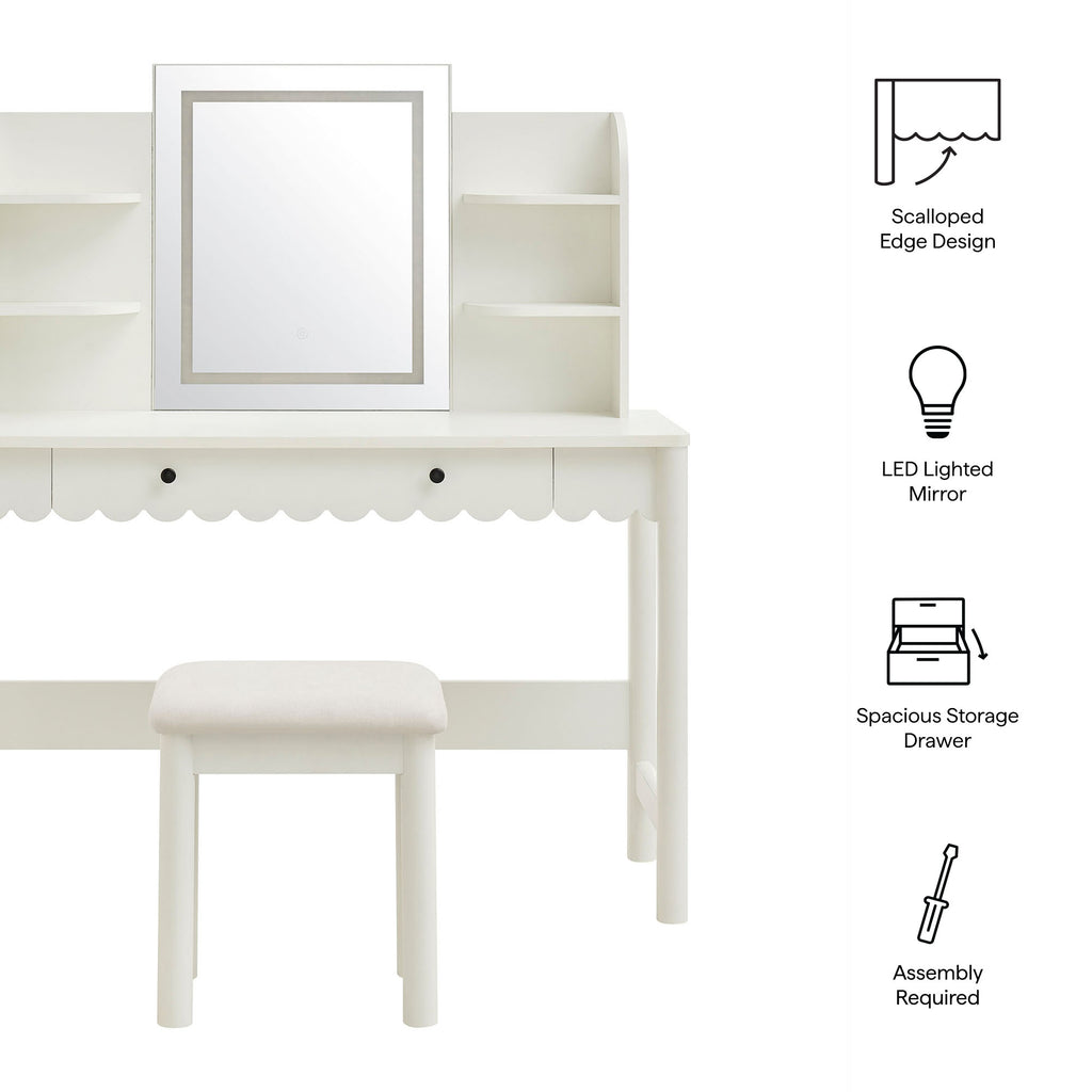 Emmeline Scalloped Makeup Vanity Desk With LED Mirror and Stool - White Ivory