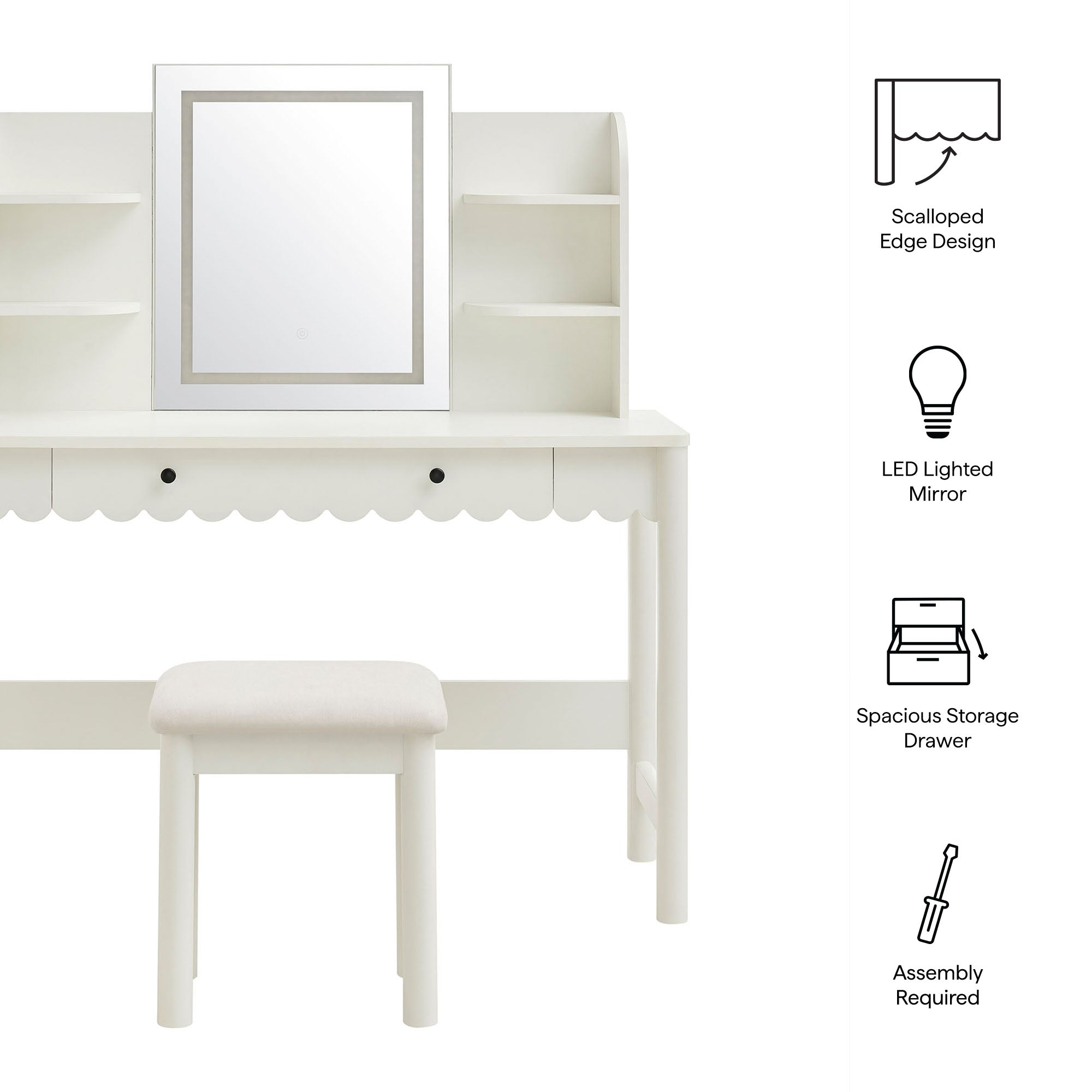 Emmeline Scalloped Makeup Vanity Desk With LED Mirror and Stool - White Ivory