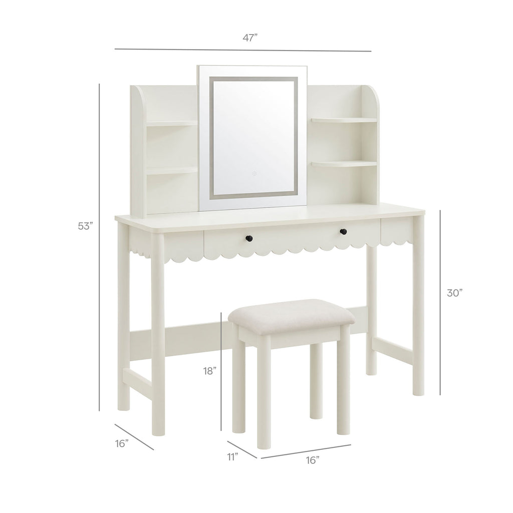 Emmeline Scalloped Makeup Vanity Desk With LED Mirror and Stool - White Ivory