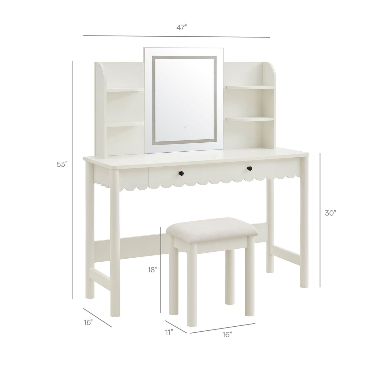 Emmeline Scalloped Makeup Vanity Desk With LED Mirror and Stool - White Ivory