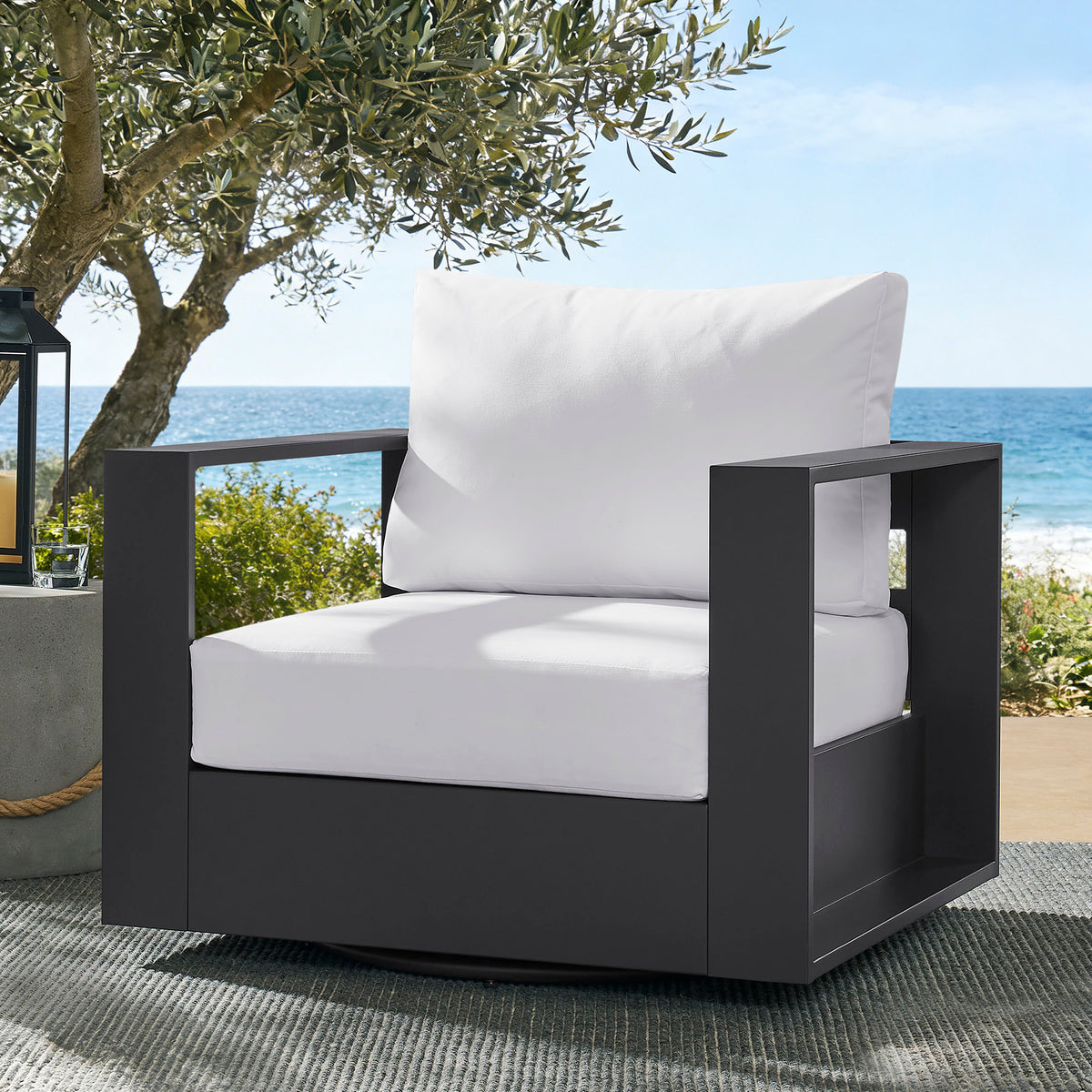 Tahoe Outdoor Patio Powder-Coated Aluminum Swivel Armchair - Gray White