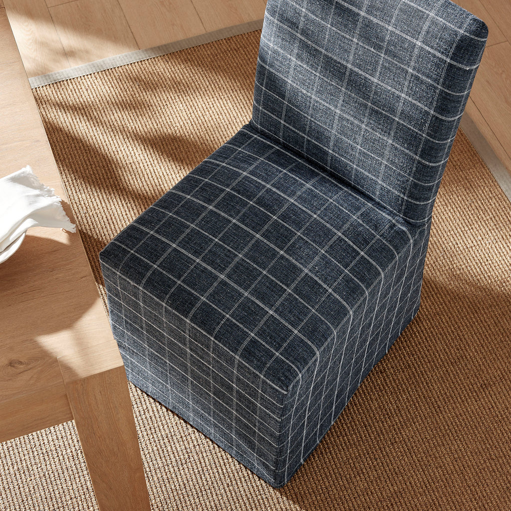 Aster Linen Cotton Blend Slipcovered Dining Chairs Set of 2 - Denim Windowpane Check