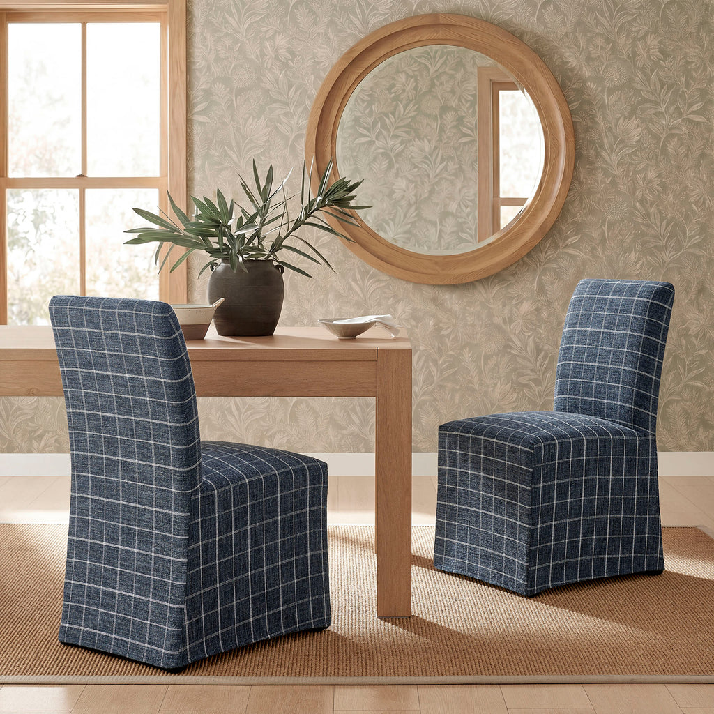 Aster Linen Cotton Blend Slipcovered Dining Chairs Set of 2 - Denim Windowpane Check