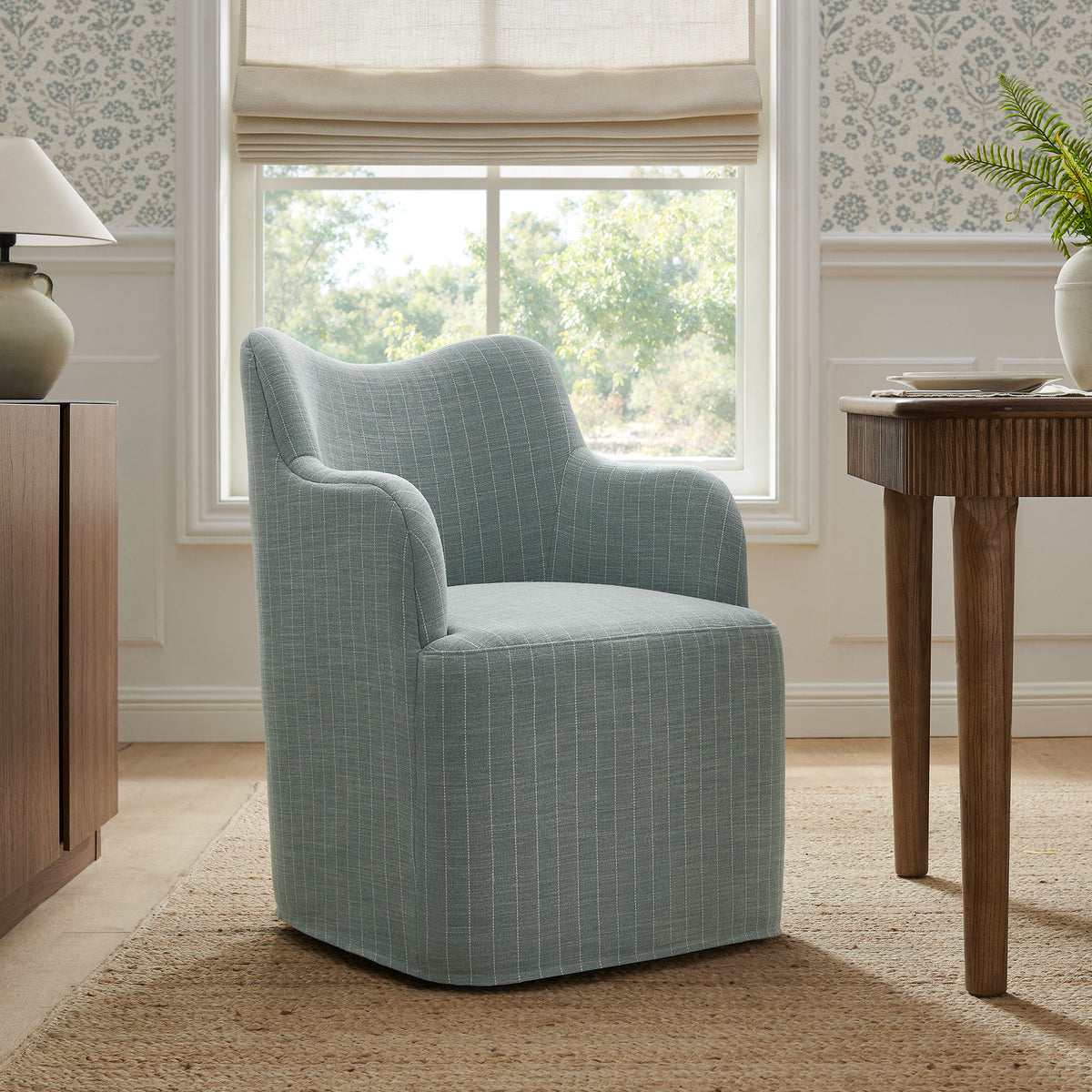 Cordelle Linen Blend Swivel Dining Chair - Spa Blue Stripe