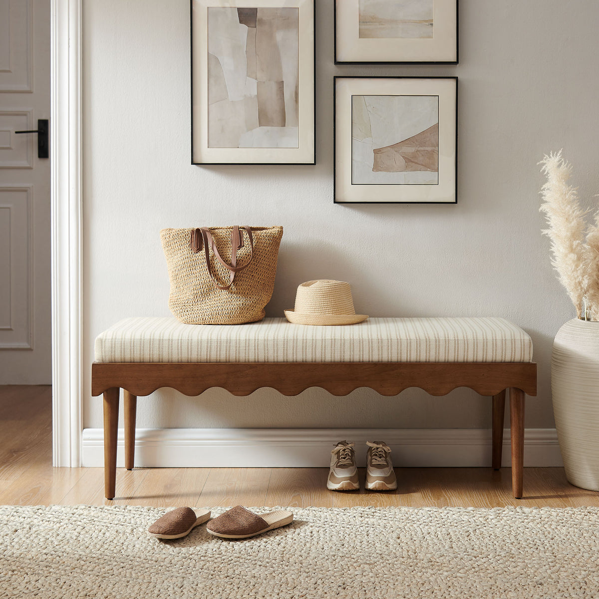 Mirette Scalloped Edge Striped Accent Bench - Oatmeal Stripe